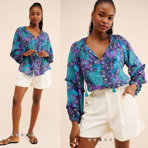 Spell & The Gypsy Boheme Ruffle Blouse | Peacock Floral Print | Medium - Picture 3 of 13
